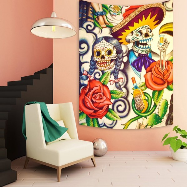 Colorful Skull Hippie - 145*130cm - Printed Tapestry