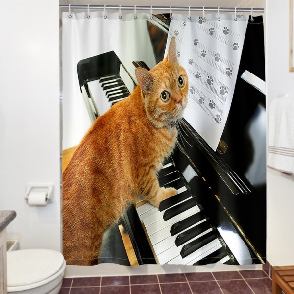 Cat Playing Piano - Print Shower Curtain