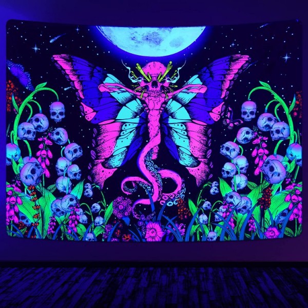 Skull Butterfly - UV Reactive Tapestry with Wall Hanging Accessories