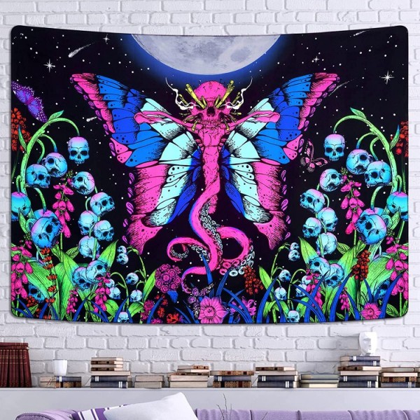 Skull Butterfly - UV Reactive Tapestry with Wall Hanging Accessories