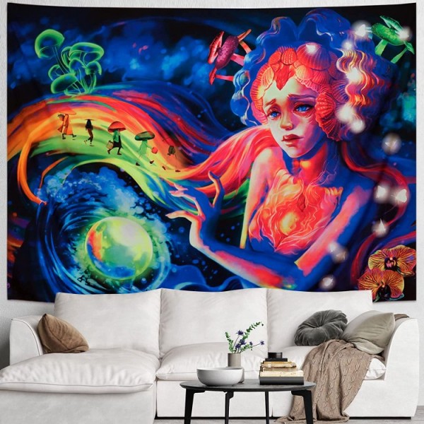 Psychedelic Girl - UV Reactive Tapestry with Wall Hanging Accessories