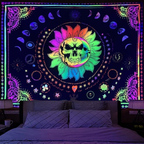 Skull Moon - UV Reactive Tapestry with Wall Hanging Accessories