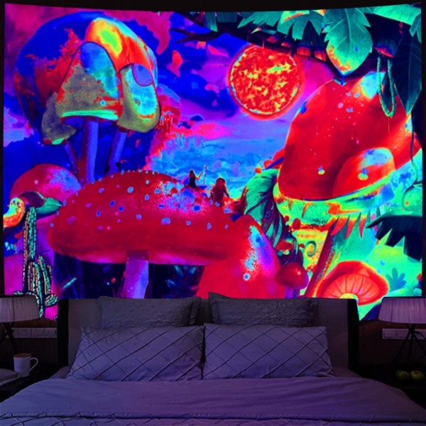 Mushroom - UV Reactive Tapestry with Wall Hanging Accessories