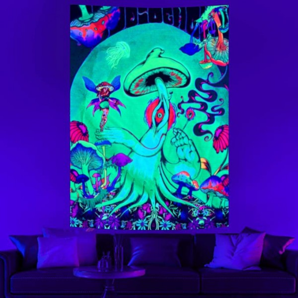 Mushroom - UV Reactive Tapestry with Wall Hanging Accessories