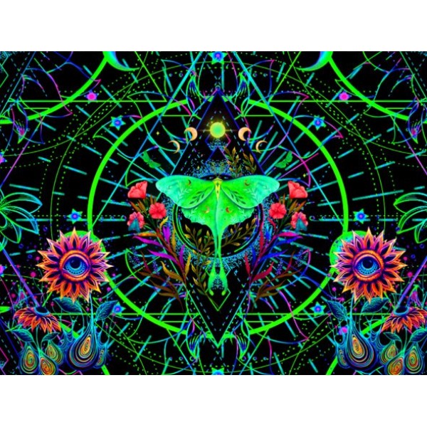 Psychedelic Flower - UV Reactive Tapestry with Wall Hanging Accessories