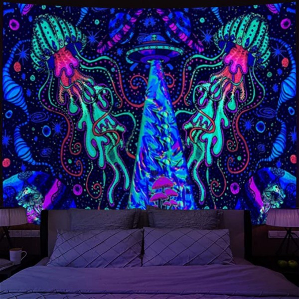 Psychedelic Alien - UV Reactive Tapestry with Wall Hanging Accessories