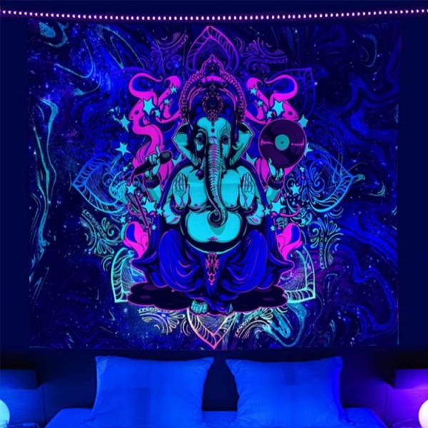 Elephant Buddha - UV Reactive Tapestry with Wall Hanging Accessories
