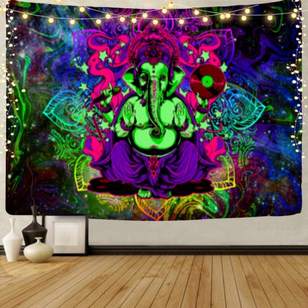 Elephant Buddha - UV Reactive Tapestry with Wall Hanging Accessories