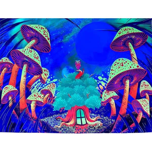 Mushroom - UV Reactive Tapestry with Wall Hanging Accessories