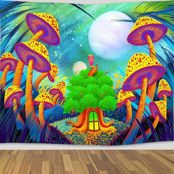 Mushroom - UV Reactive Tapestry with Wall Hanging Accessories