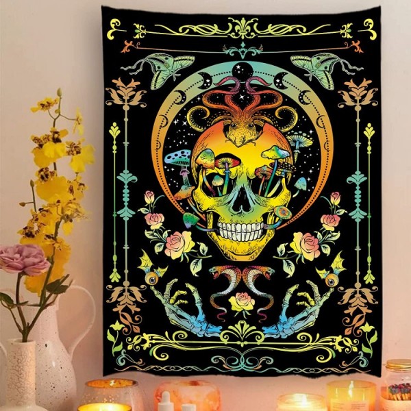 Skull - UV Reactive Tapestry with Wall Hanging Accessories