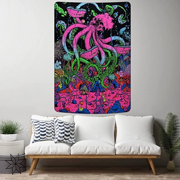 Skull Octopus - UV Reactive Tapestry with Wall Hanging Accessories