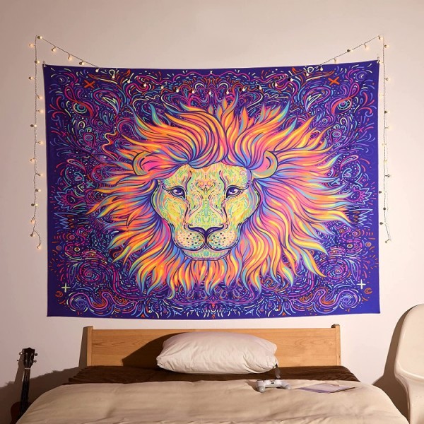 Lion - UV Reactive Tapestry with Wall Hanging Accessories
