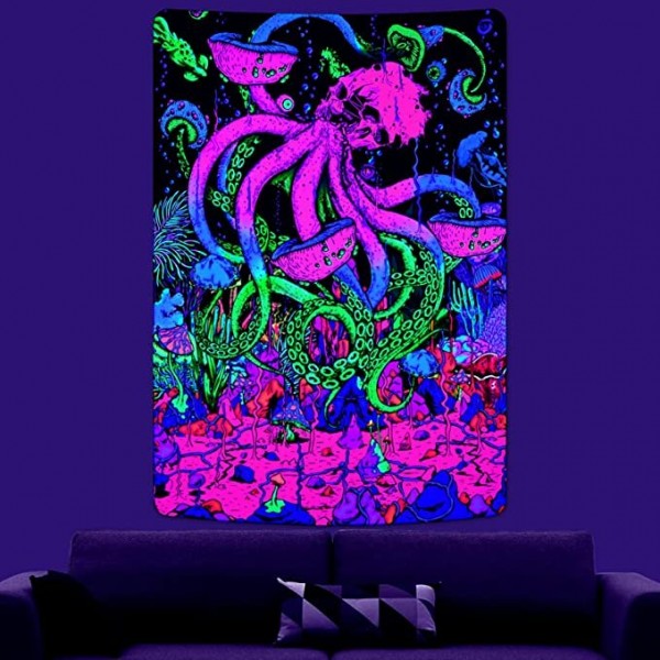 Skull Octopus - UV Reactive Tapestry with Wall Hanging Accessories