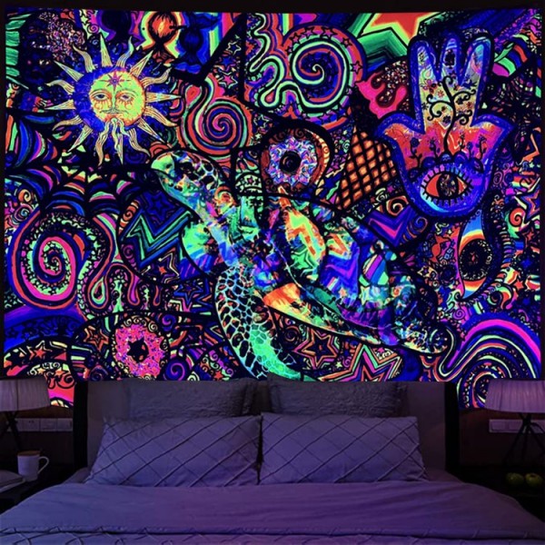 Psychedelic turtle - UV Reactive Tapestry with Wall Hanging Accessories