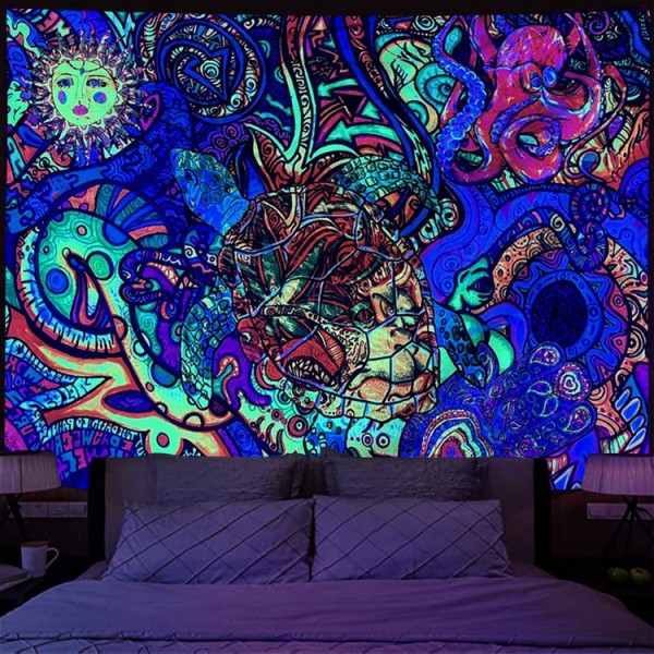 Psychedelic turtle - UV Reactive Tapestry with Wall Hanging Accessories