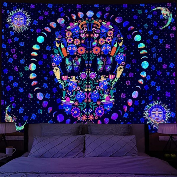 Skull  - UV Reactive Tapestry with Wall Hanging Accessories