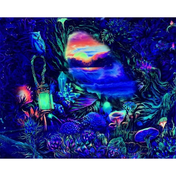 Mushroom Fairyland- UV Reactive Tapestry with Wall Hanging Accessories