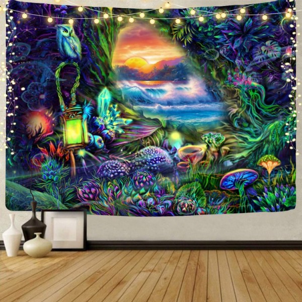 Mushroom Fairyland- UV Reactive Tapestry with Wall Hanging Accessories