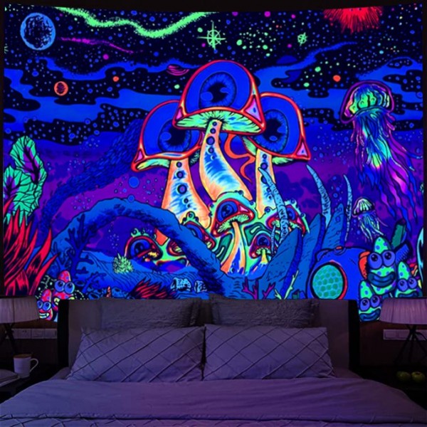 Psychedelic Mushroom - UV Reactive Tapestry with Wall Hanging Accessories