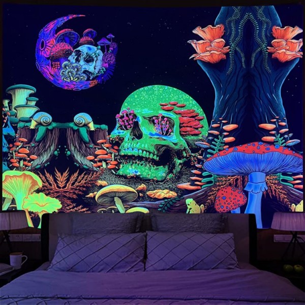 Skull - UV Reactive Tapestry with Wall Hanging Accessories