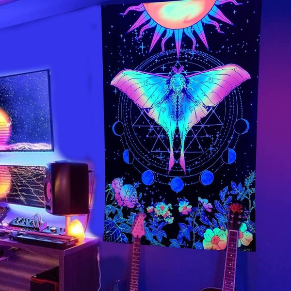 Moth - UV Reactive Tapestry with Wall Hanging Accessories