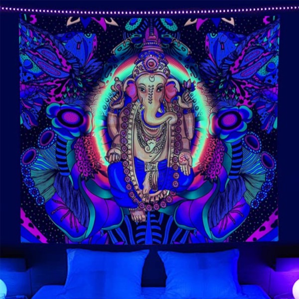 Elephant Buddha - UV Reactive Tapestry with Wall Hanging Accessories