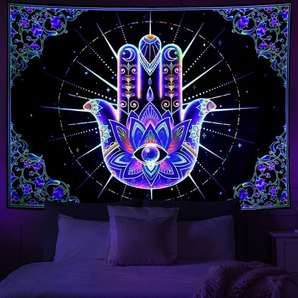 Hamsa hand - UV Reactive Tapestry with Wall Hanging Accessories