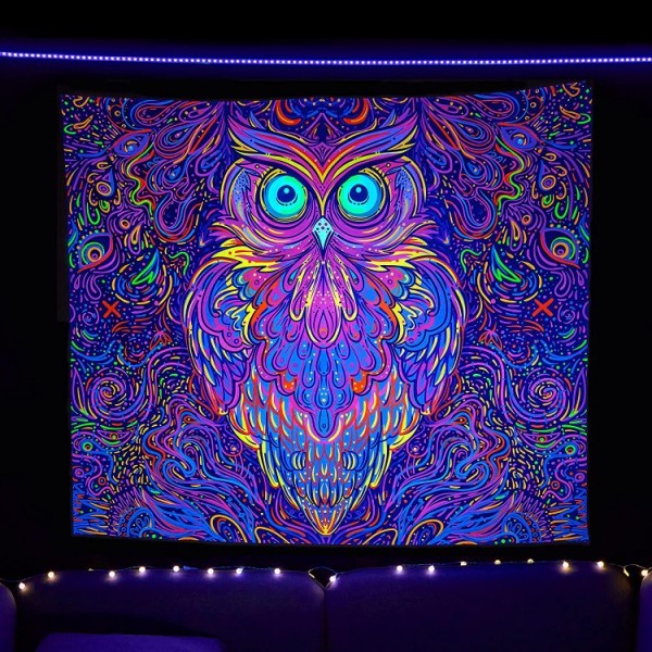 Owl - UV Reactive Tapestry with Wall Hanging Accessories