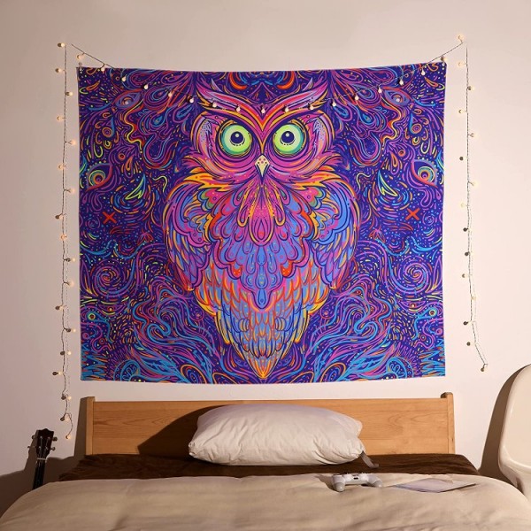 Owl - UV Reactive Tapestry with Wall Hanging Accessories