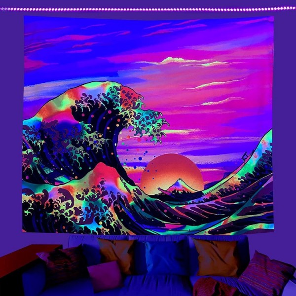 Sunset by the sea - UV Reactive Tapestry with Wall Hanging Accessories