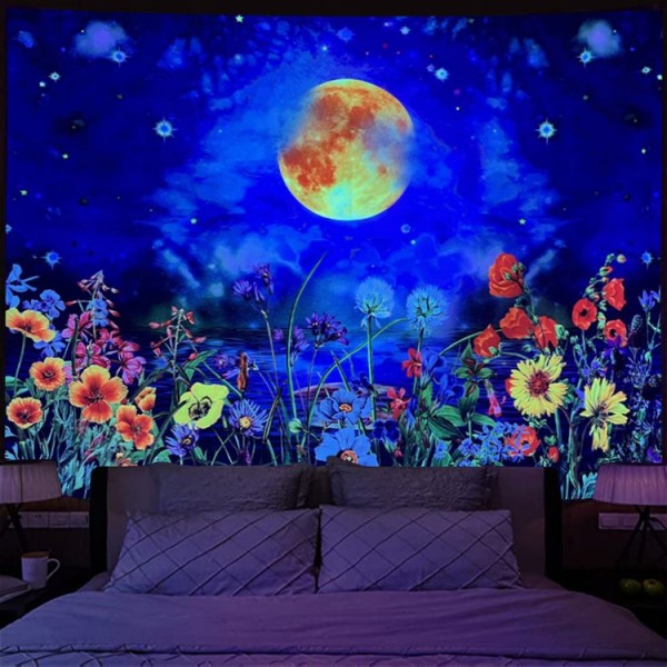 Flowers moonlight - UV Reactive Tapestry with Wall Hanging Accessories