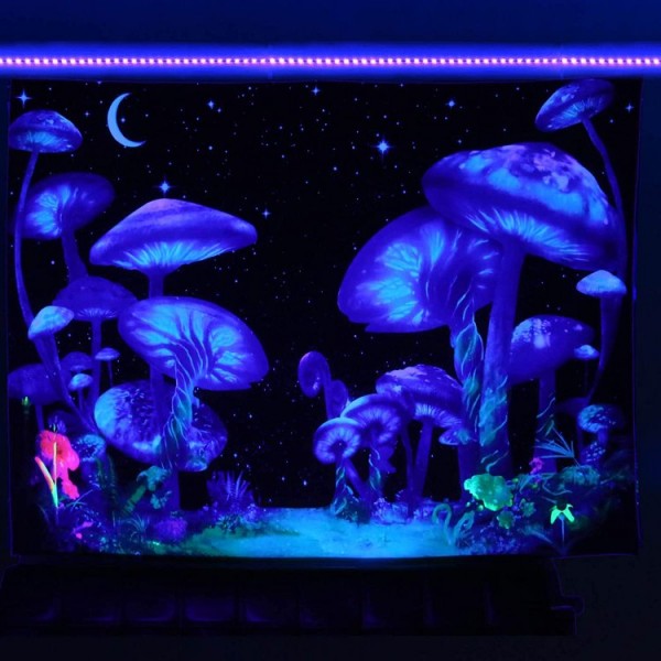 Psychedelic Mushroom - UV Reactive Tapestry with Wall Hanging Accessories