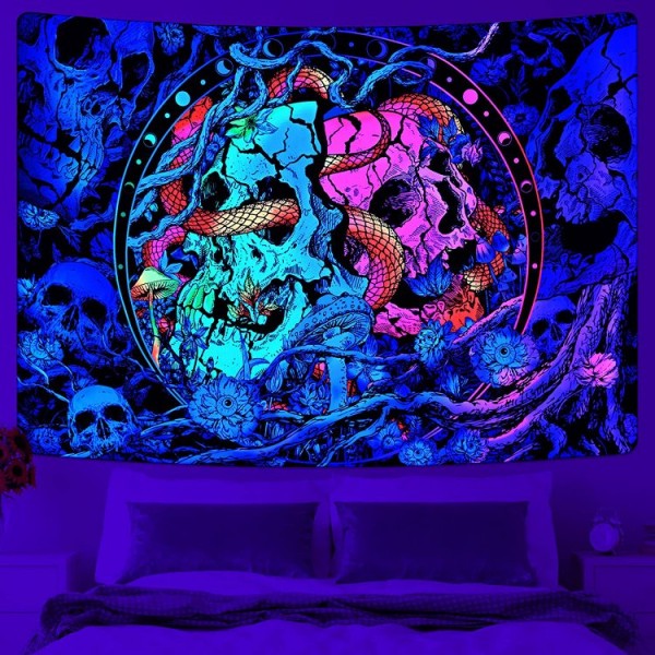 Skull - UV Reactive Tapestry with Wall Hanging Accessories