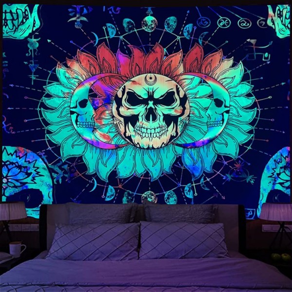 Skull Moon - UV Reactive Tapestry with Wall Hanging Accessories