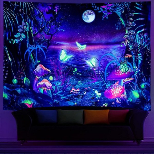 Lotus pond moonlight - UV Reactive Tapestry with Wall Hanging Accessories