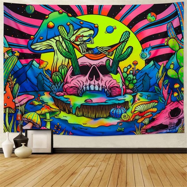 Mushroom Skull - UV Reactive Tapestry with Wall Hanging Accessories